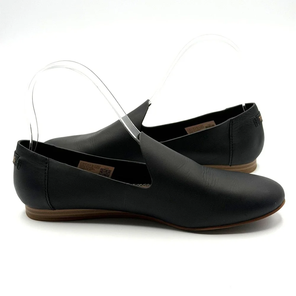 TOMS Darcy Leather Flats US 6.5 EU 37 Black Slip On Loafers Comfort Casual Chic